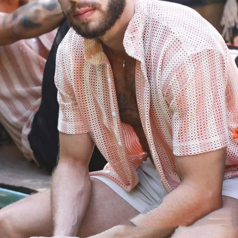 Pink men's loose short-sleeved cardigan shirt with waffle weave texture and holes