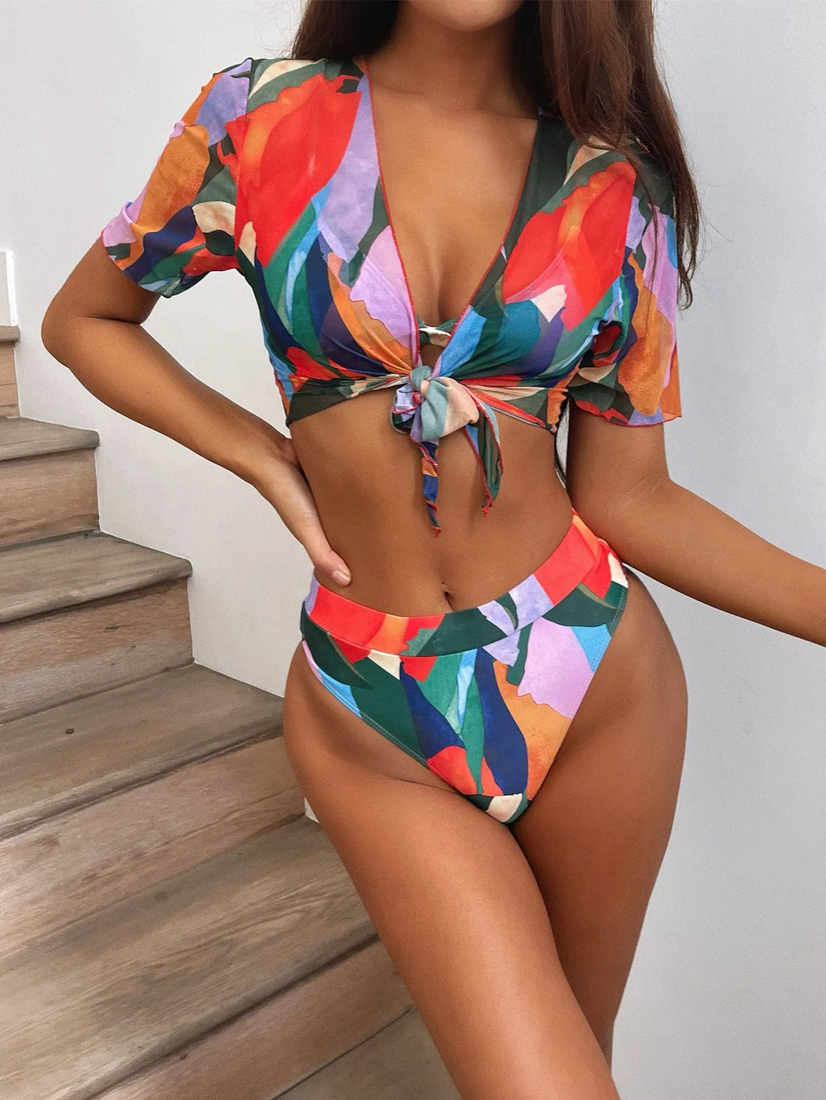 Red printed split swimsuit for women with triangle bikini design