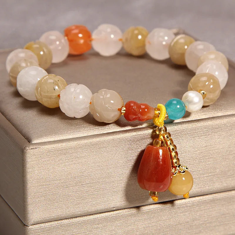 Khaki yellow agate crystal bracelet with gold silk threading and Japanese South Korean style design