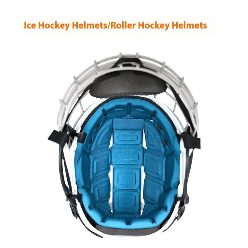 Ice hockey helmet with face mask showing PP shell construction and EVA lining in size options S M L XL