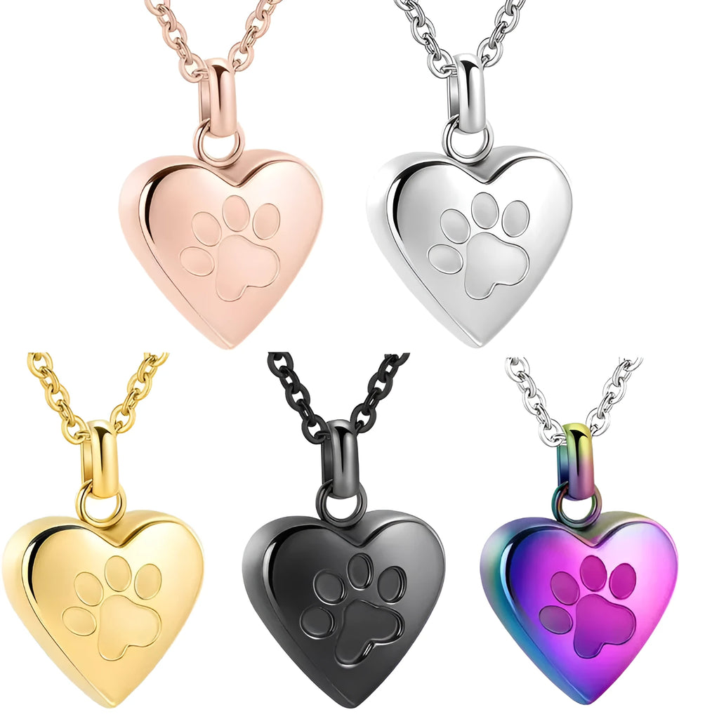 Openable heart-shaped paw print casket necklace in titanium steel on a chain.