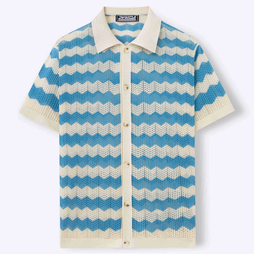 Yellow American-style corrugated short-sleeve sweater with flocking detail on a hanger