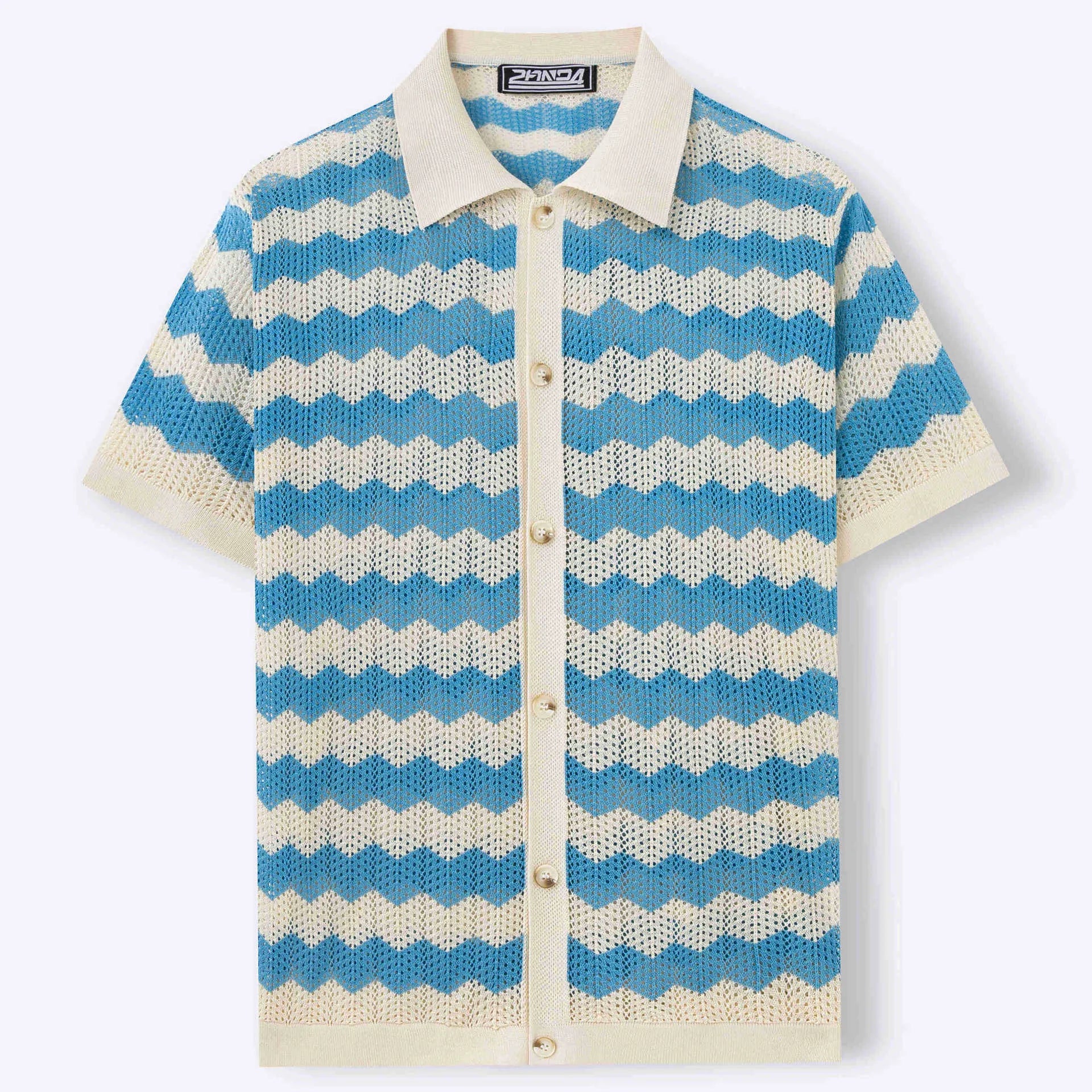 Yellow American-style corrugated short-sleeve sweater with flocking detail on a hanger