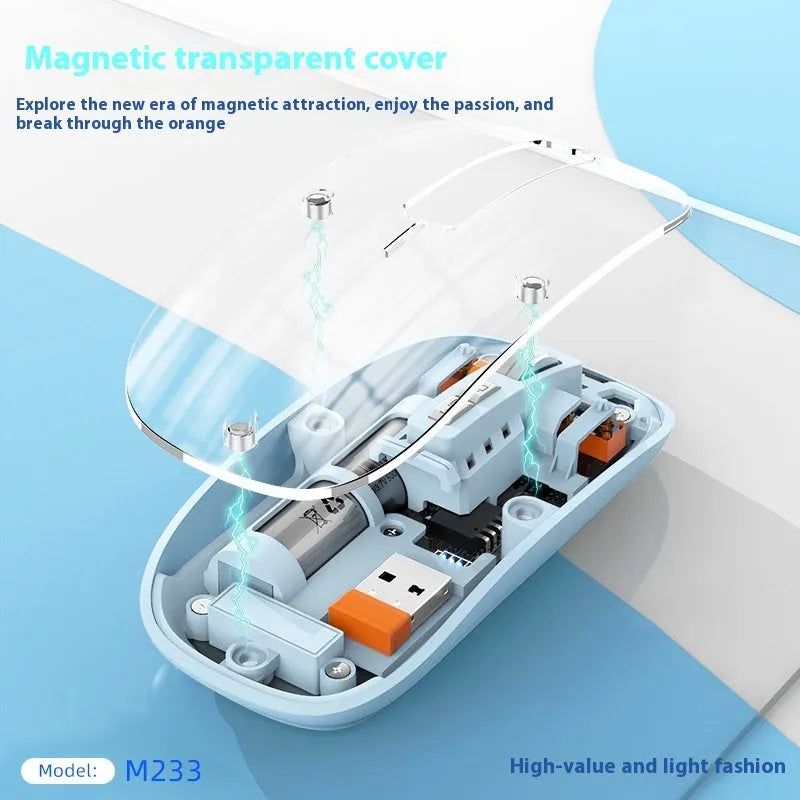 Transparent wireless computer mouse showing internal components with USB connector