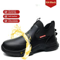 Men's black high-cut waterproof work shoes with anti-slip rubber sole on a grey background.