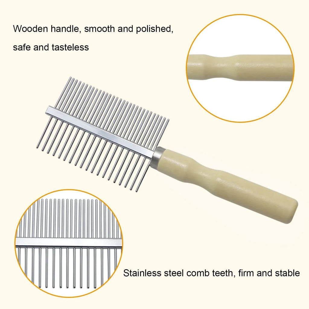 Wooden handle pet grooming comb for dogs and cats showing three configuration options
