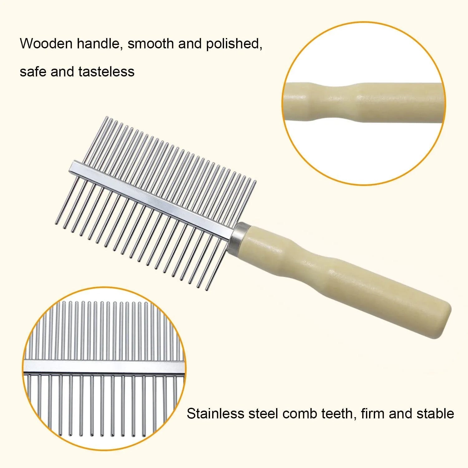 Wooden handle pet grooming comb for dogs and cats showing three configuration options