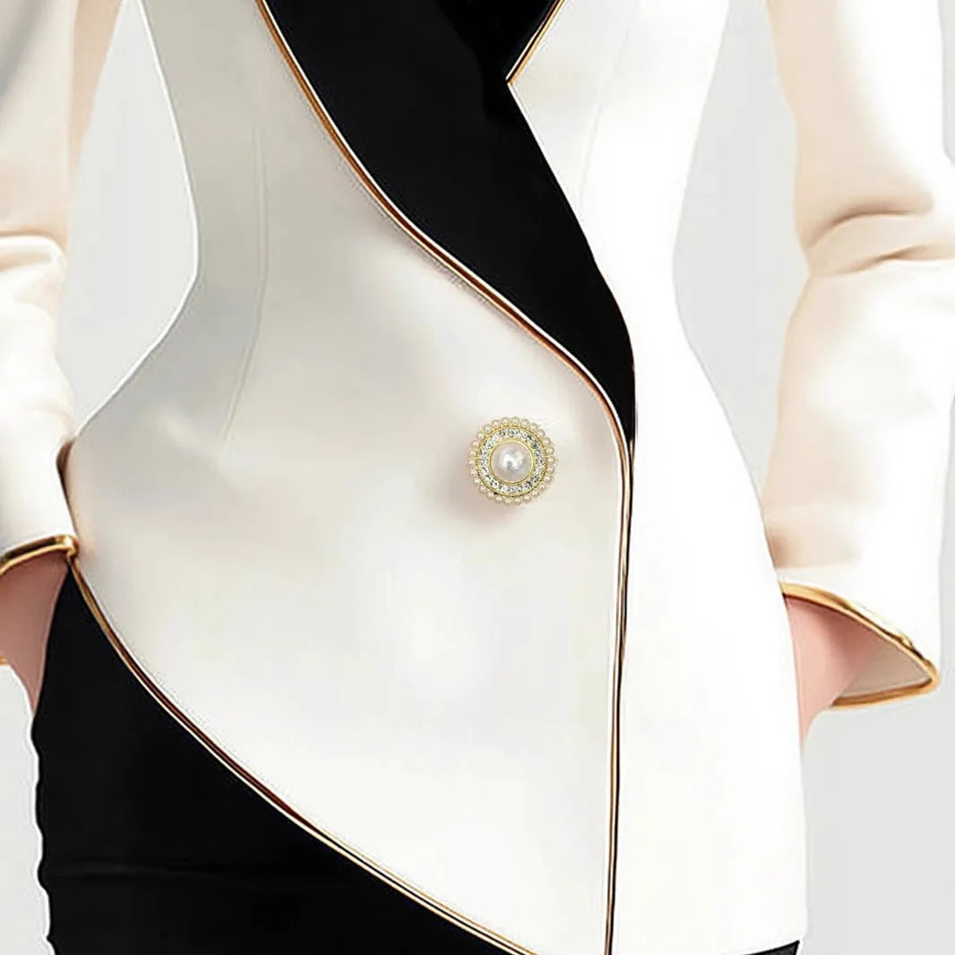Women's beige irregular hem long sleeve coat with pearl button front fastening