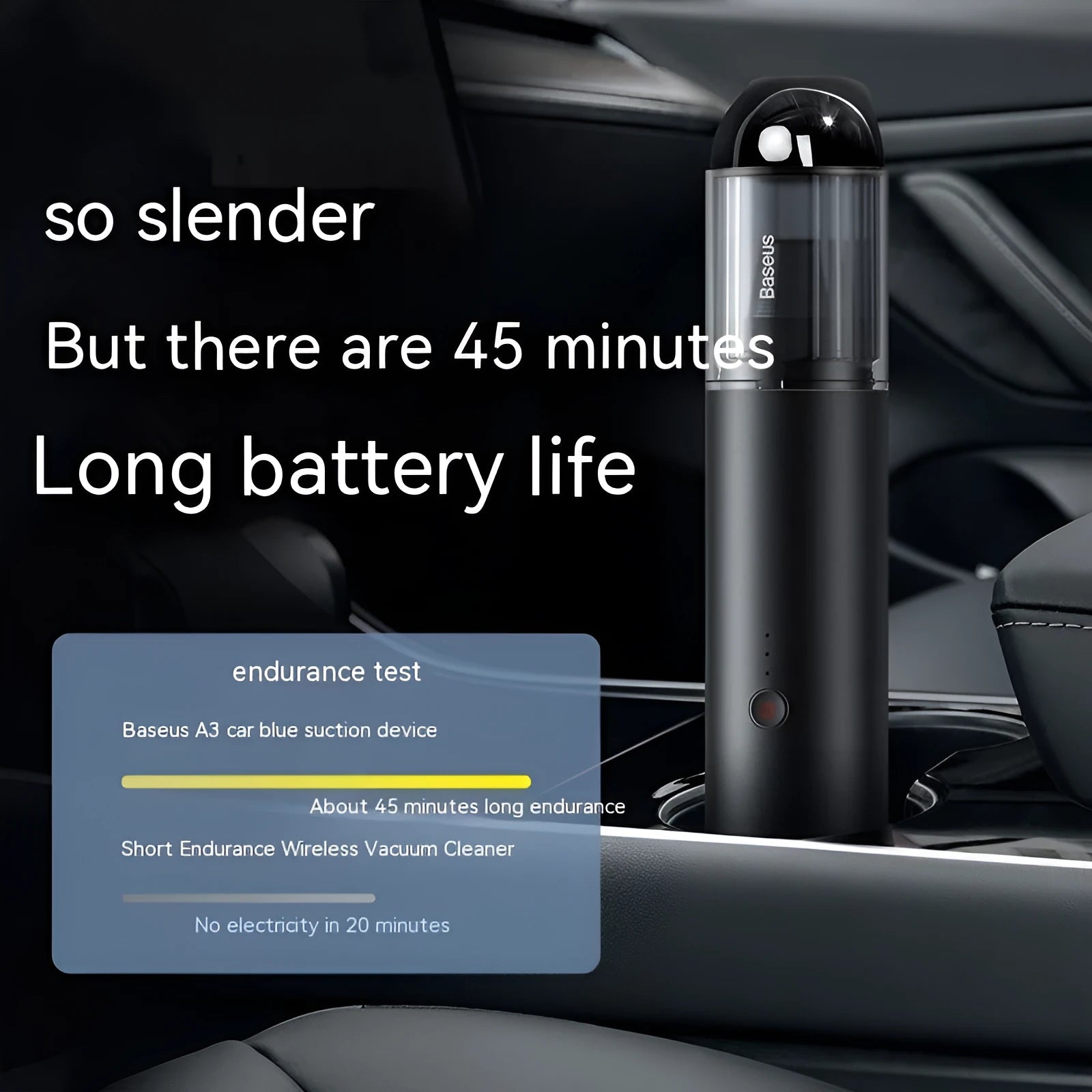 BASEUS A3 wireless handheld car vacuum cleaner in black or silver with Type-C charging port