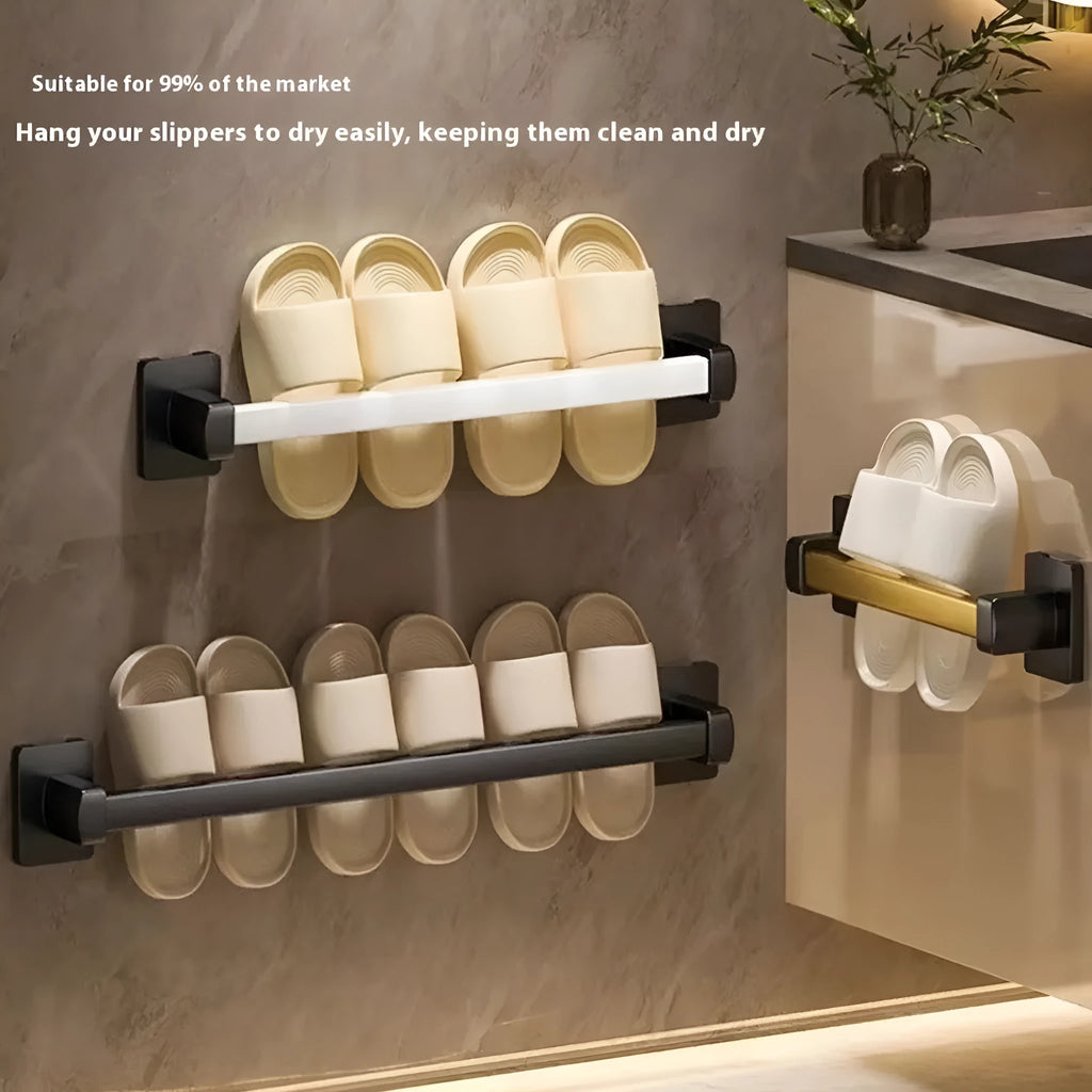 Nordic style wall-mounted bathroom slipper rack with integrated seat in black finish