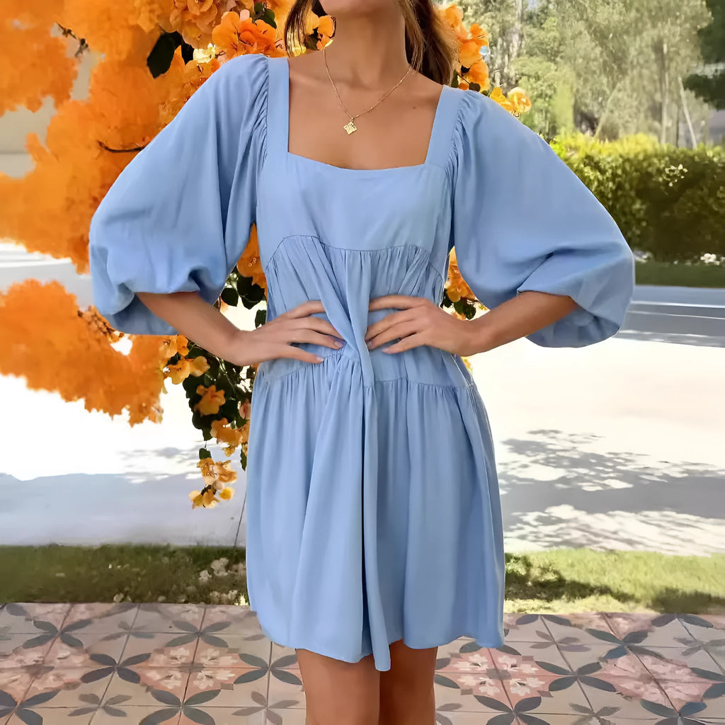 Children square collar puff sleeve backless dress in solid light blue and orange red with A-line skirt