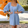 Children square collar puff sleeve backless dress in solid light blue and orange red with A-line skirt