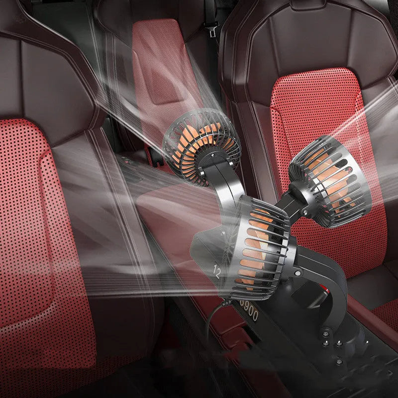 Three-head black automotive electric cooling fan with extended cable for vehicle dashboard use