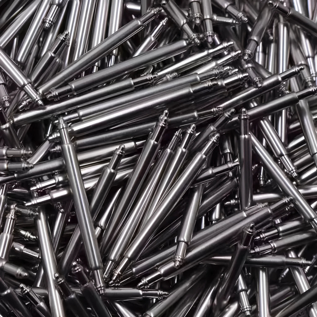 Watch repair accessories including bolts, auricular needles and spring shafts in sizes 21mm to 26mm