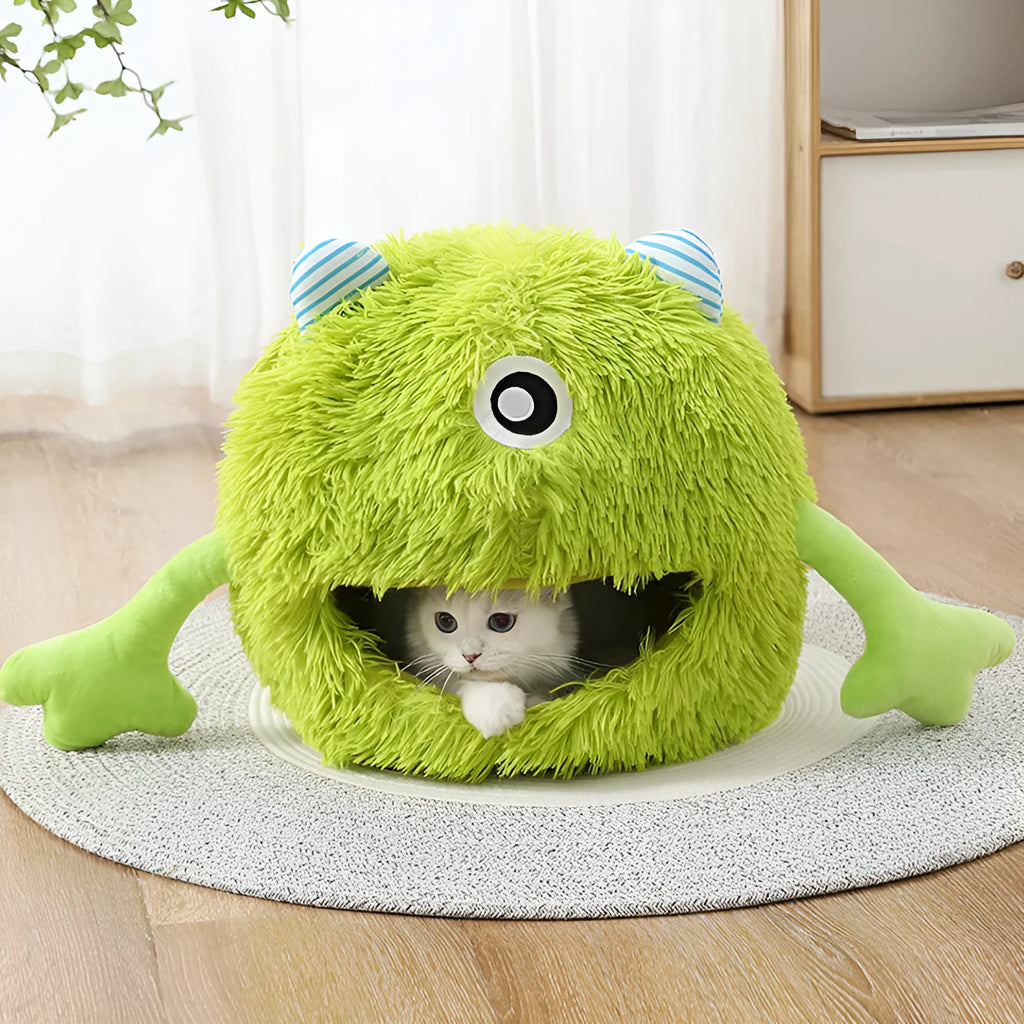 Round fluffy cat bed with non-slip bottom in three size options for indoor pets