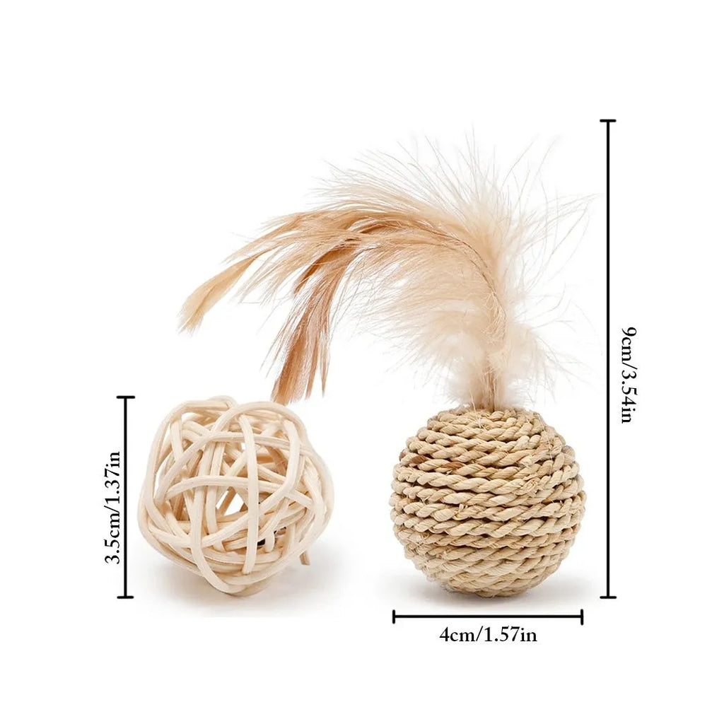 Two cat toys including a hollow rattan ball and a faux feather ball with bells for interactive kitten play