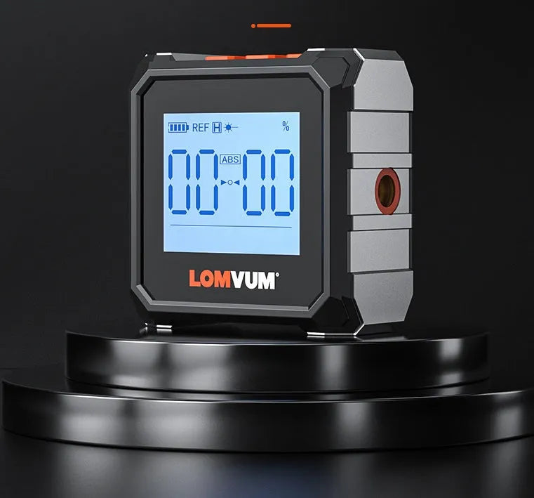 Digital inclinometer laser tape measure with alloy case and backlit display showing 40m range capability