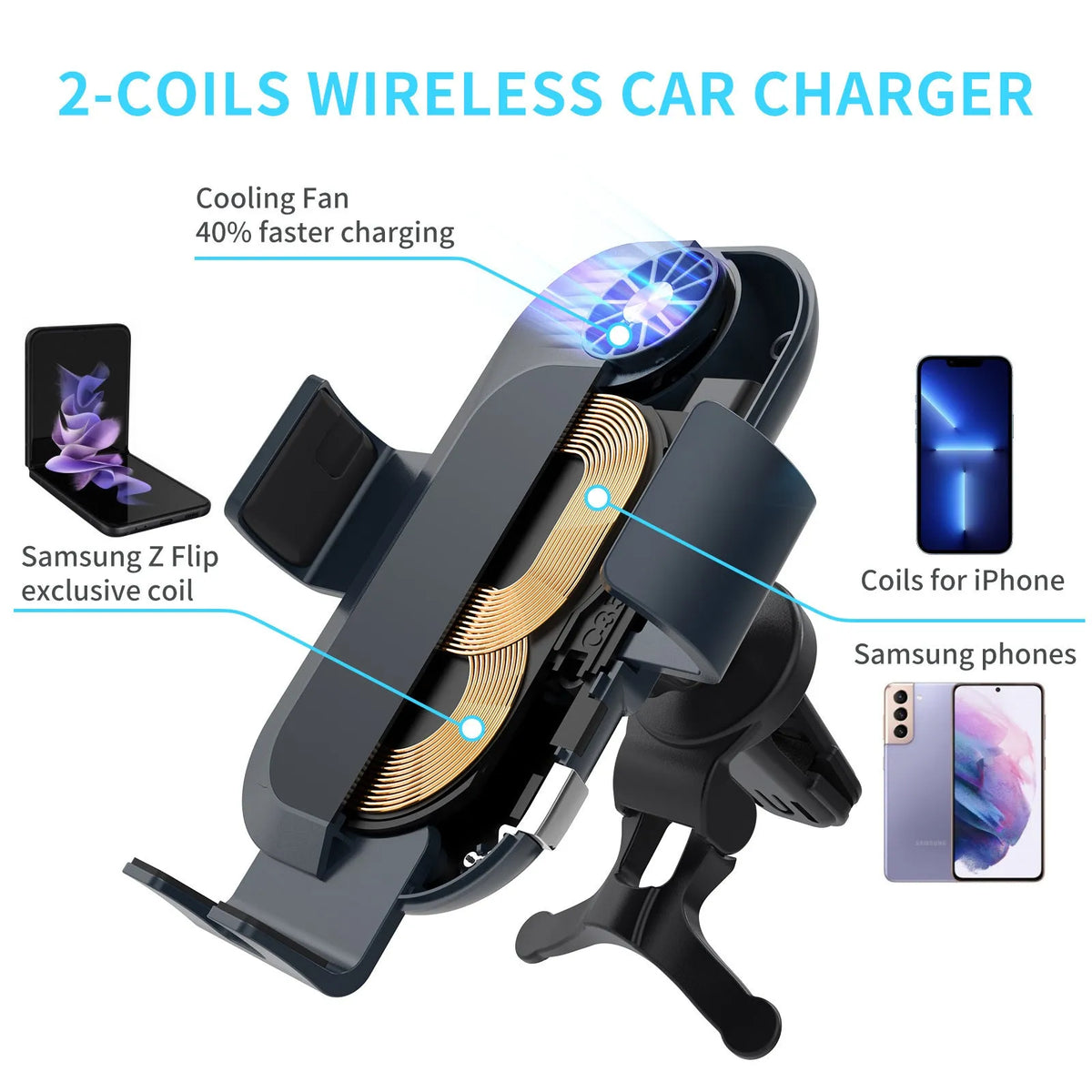 C35 matte black car wireless charger phone holder mounted on air vent with phone charging