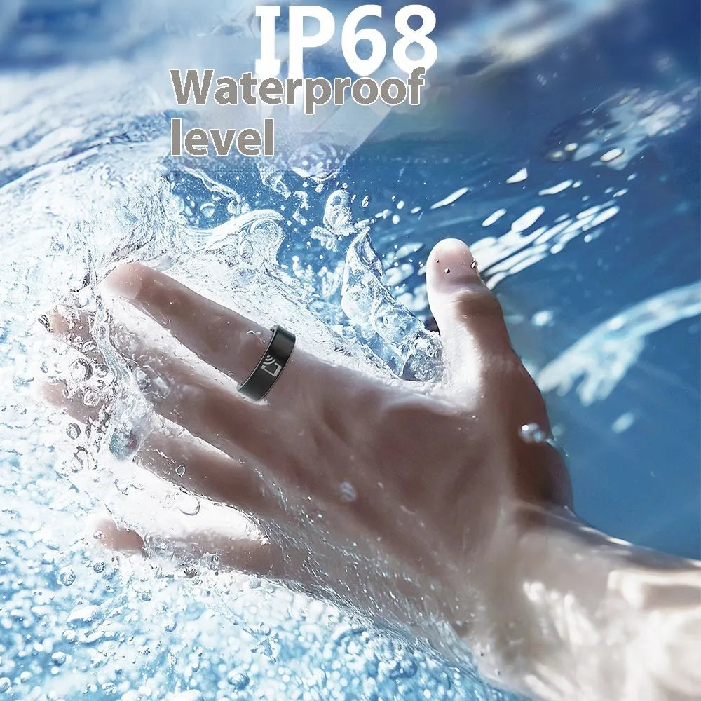 Black ceramic smart ring for heart rate and blood oxygen monitoring on a finger