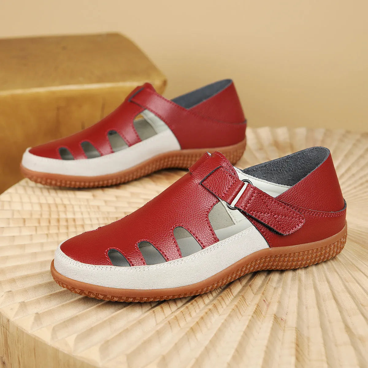 Plus size women's flat heel sandals with hollow breathable design and thick rubber sole