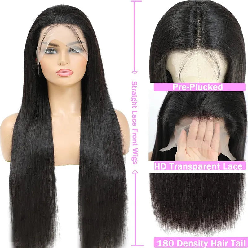 Straight black human hair lace front wig with a 13x6 inch hand-woven frontal on a mannequin head