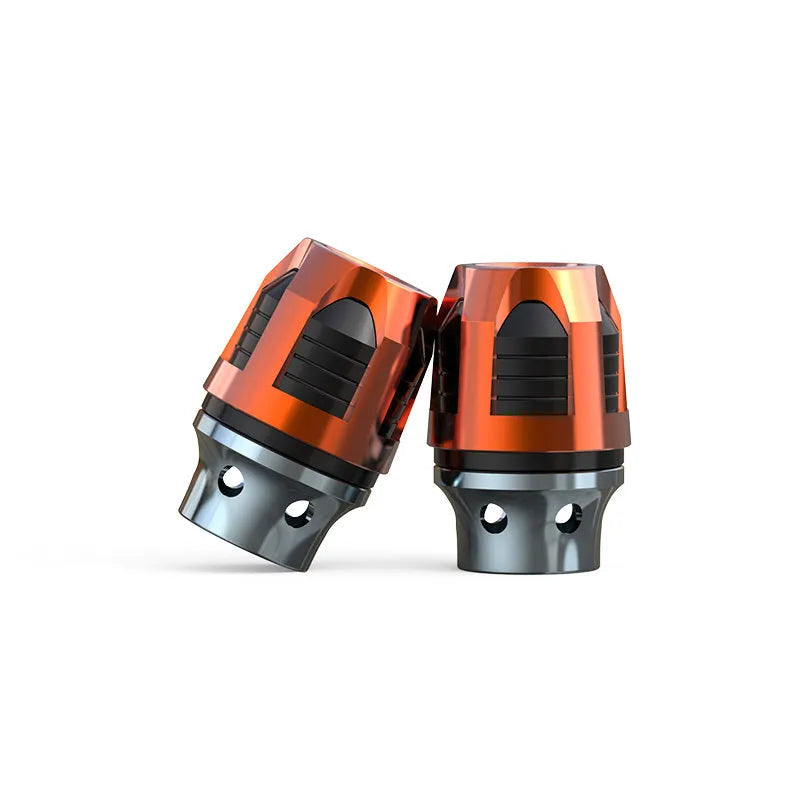 Pair of CNC-machined aluminium alloy fork cups for electric car or motorcycle front axle.