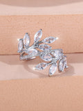 Adjustable copper leaf ring with zircon accents in multiple colour finishes including platinum white and rose gold