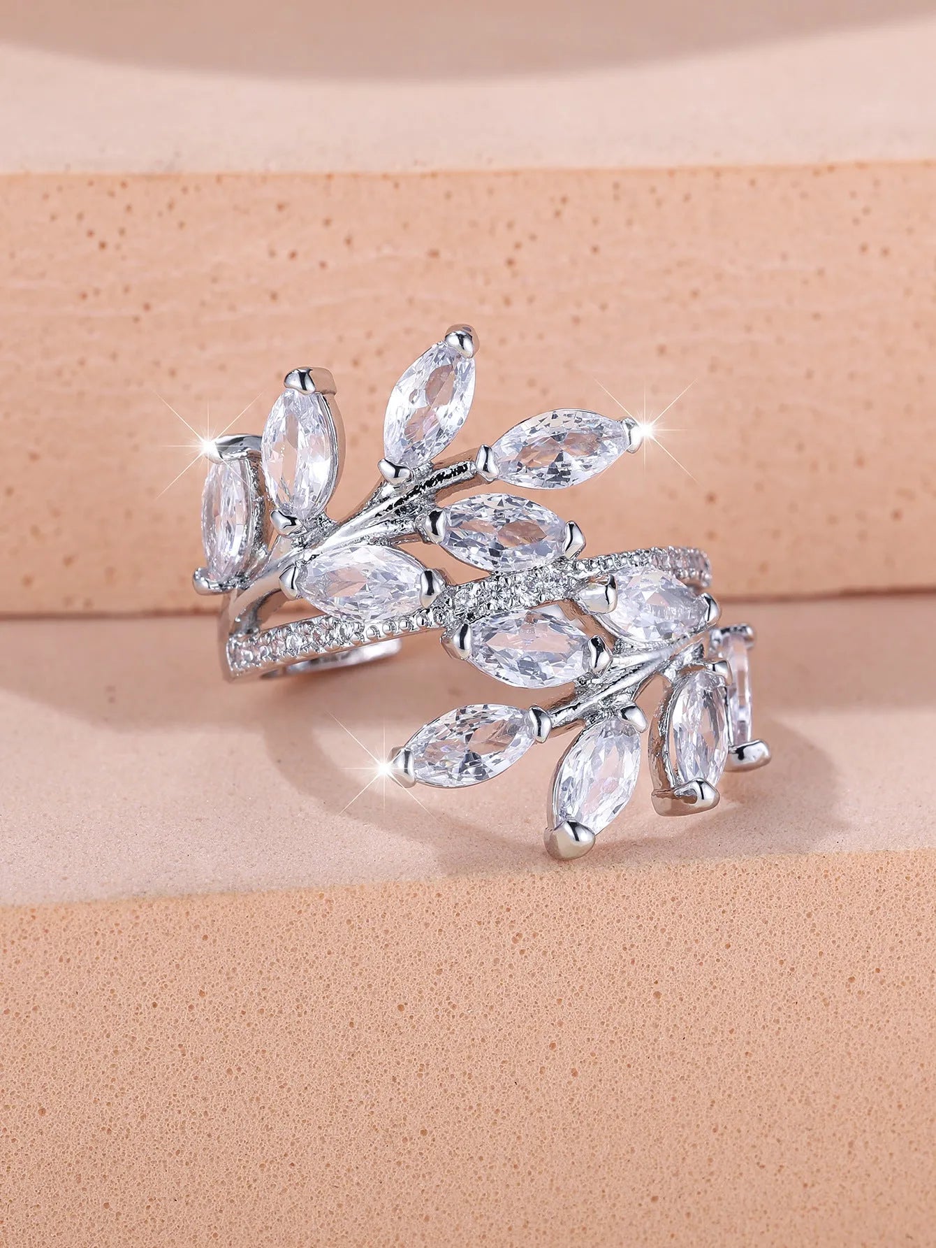 Adjustable copper leaf ring with zircon accents in multiple colour finishes including platinum white and rose gold