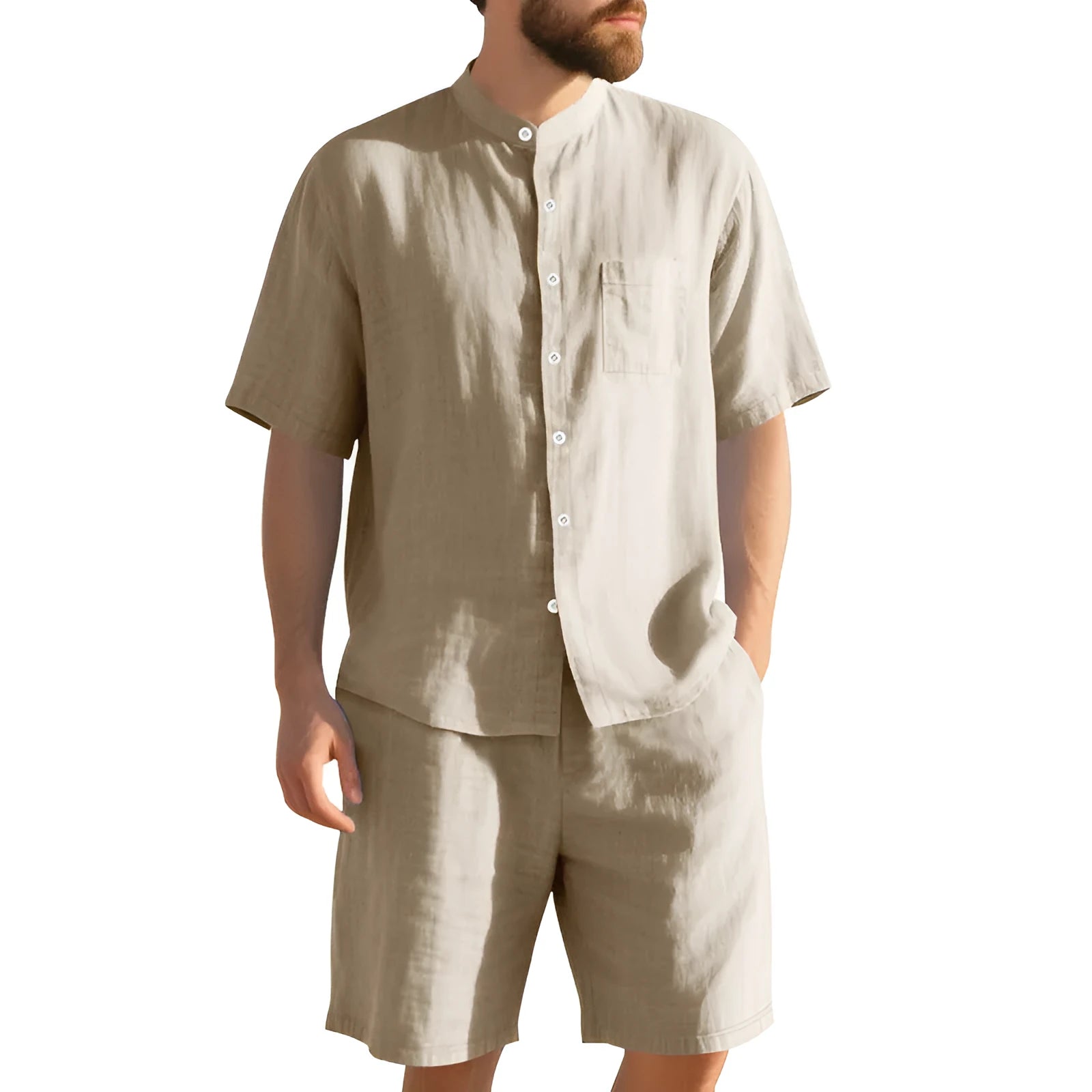 Men's linen two-piece summer suit with Henry collar jacket and matching shorts in light blue colour