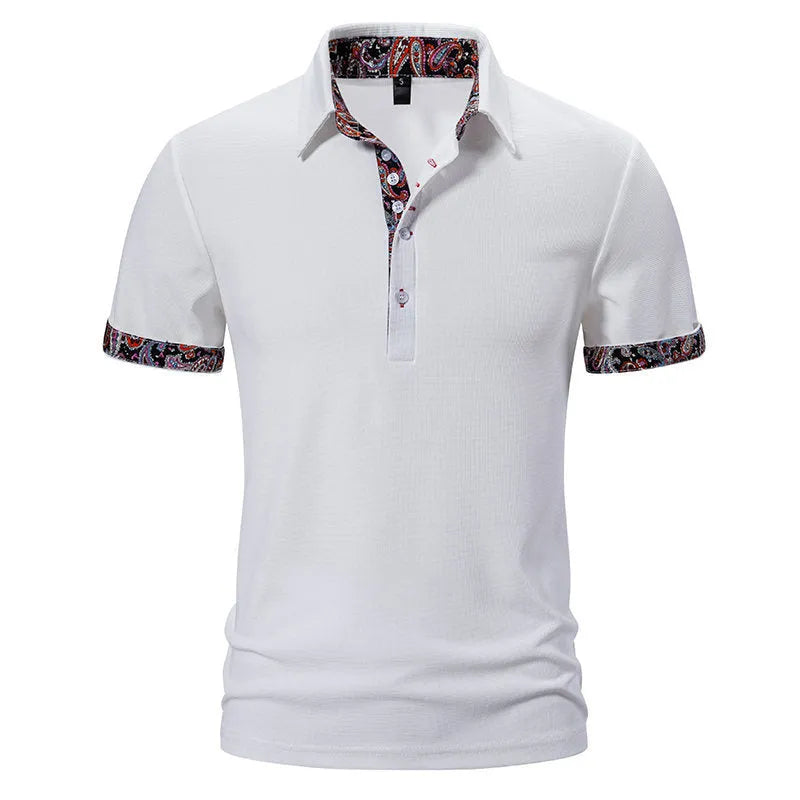 Men's polo shirt in cotton blend fabric with turnover collar and short sleeves, shown in white colour.