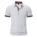 Men's polo shirt in cotton blend fabric with turnover collar and short sleeves, shown in white colour.