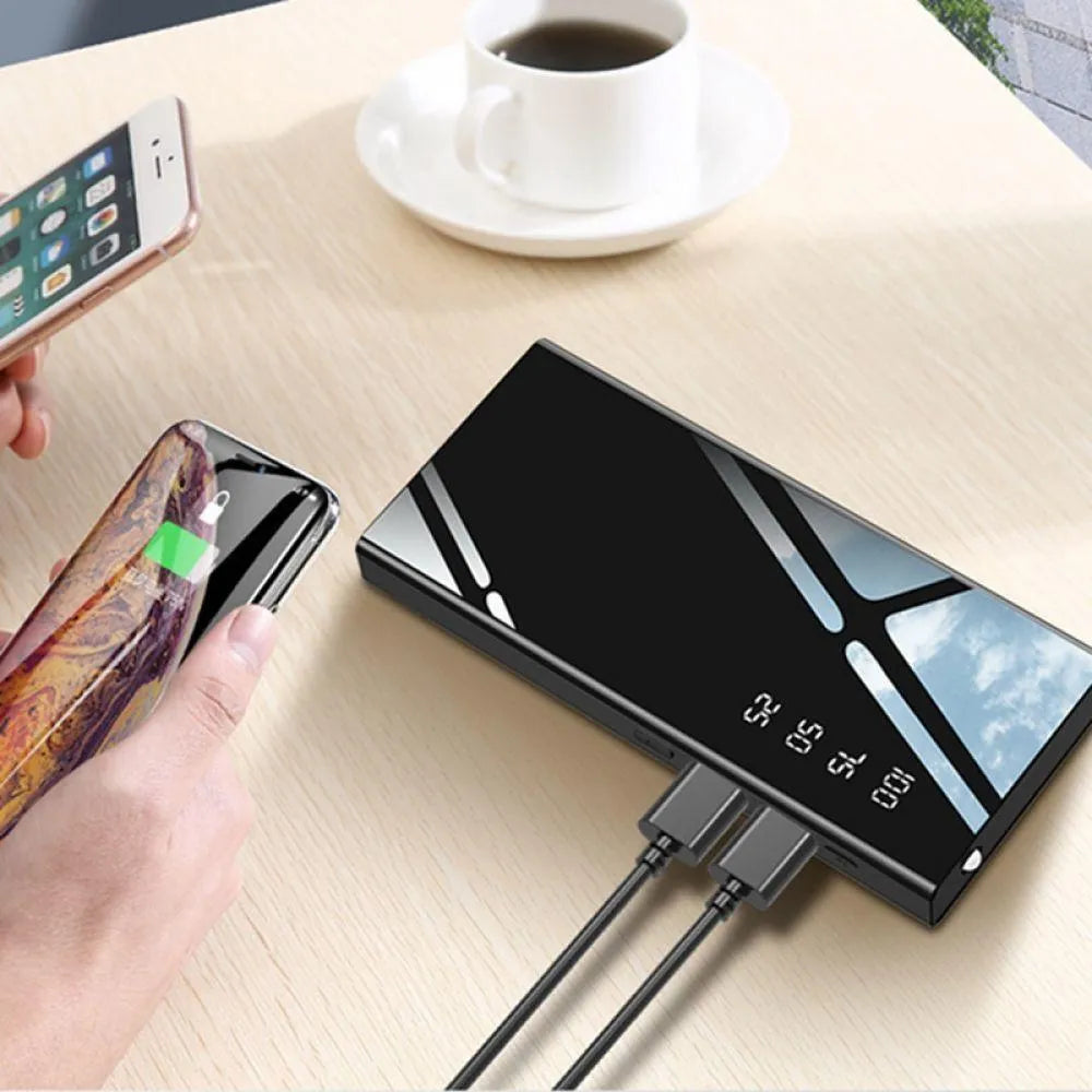 Black 20000mAh portable power bank with LCD screen and dual USB ports on a white background.