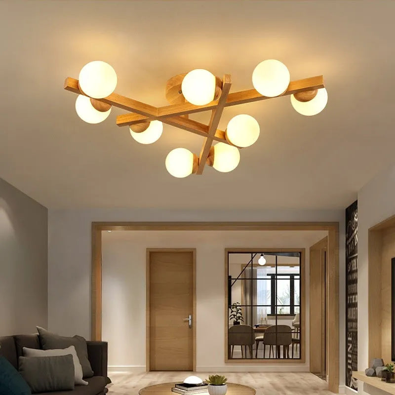 Wooden style circular ceiling lamp with three pendant lights in a Nordic design
