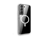 Transparent MagSafe magnetic phone case for Samsung Galaxy S21 through S23 series showing integrated charging ring