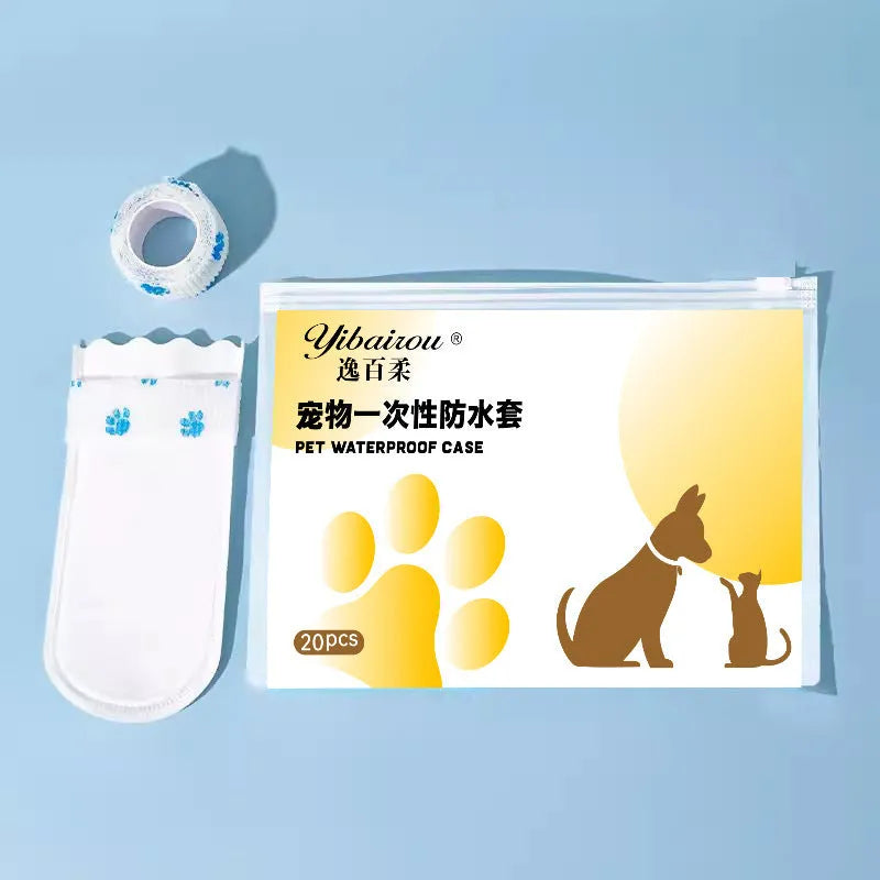 Pack of 20 white disposable waterproof shoe covers for dogs on a blue background