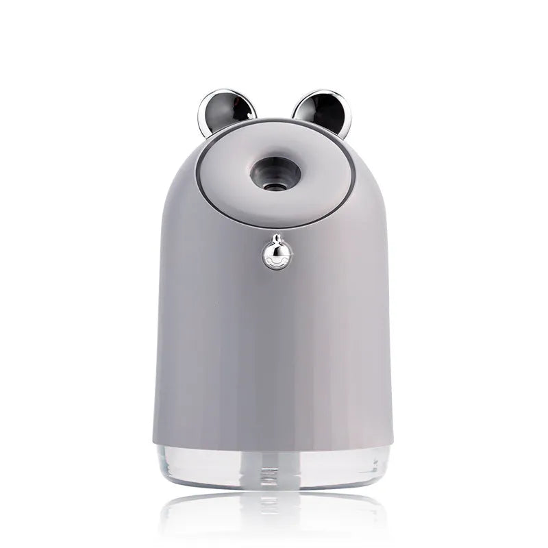 Humidifier table lamp with 250ml water container and 800mAh battery, φ80*80*145mm, shown in Blue, Grey, Pink, or White.