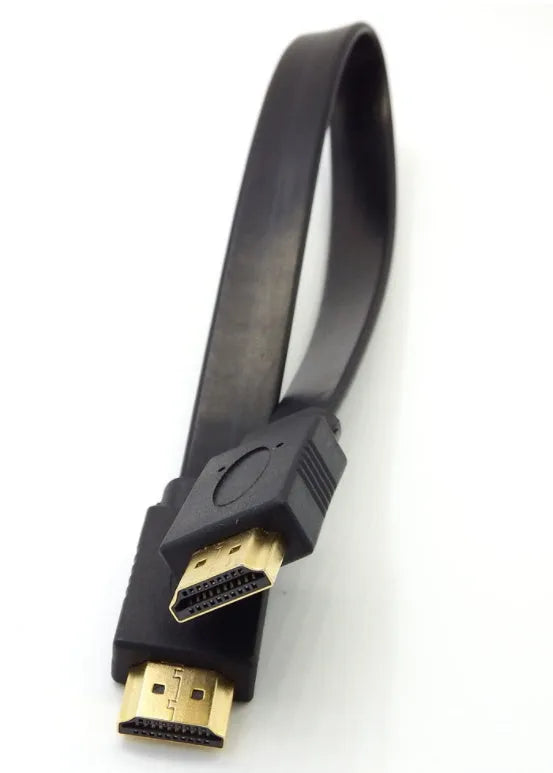 Flat HDMI cable with standard connectors showing length options from 0.3 to 10 metres