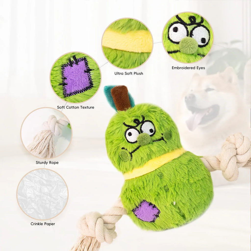 Green and purple interactive dog plush toy with integrated rope knot for tug-of-war games.