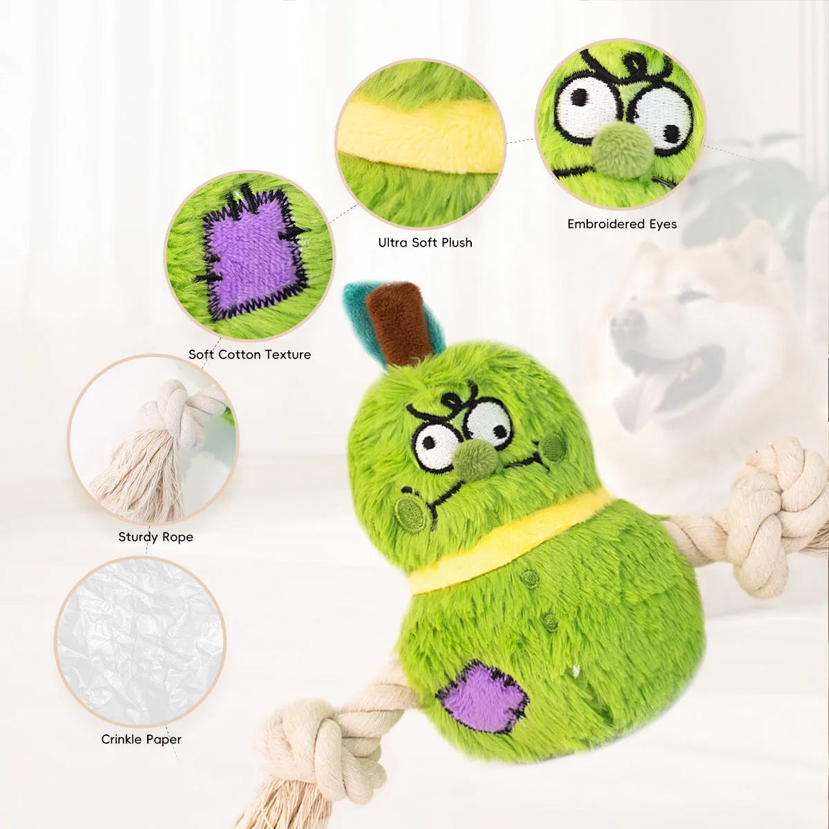 Green and purple interactive dog plush toy with integrated rope knot for tug-of-war games.