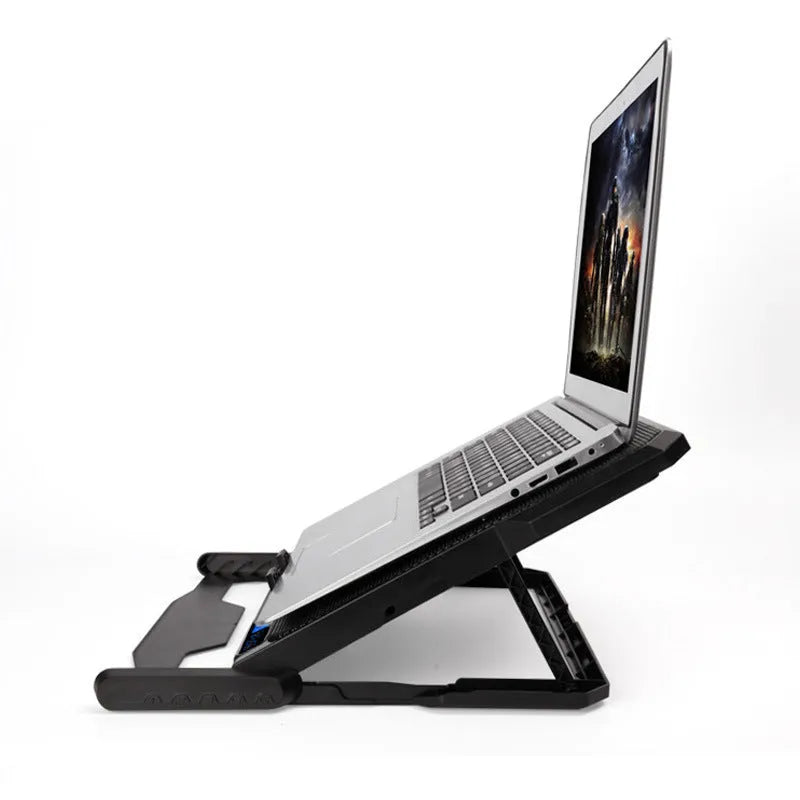Laptop cooling board with metal mesh surface and LCD display showing fan speed settings