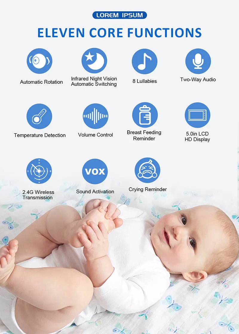 White HD wireless baby monitor with 5-inch screen showing baby nursery monitoring display