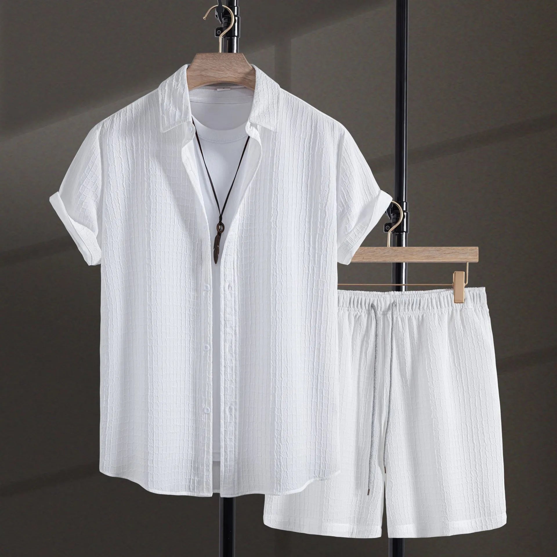 Men's white cotton blend jacquard short sleeve shirt and matching shorts casual suit