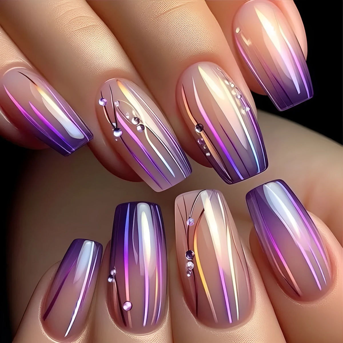 Magic purple line streamer gradient nail stickers with starry sky pattern for short nails, includes jelly glue.