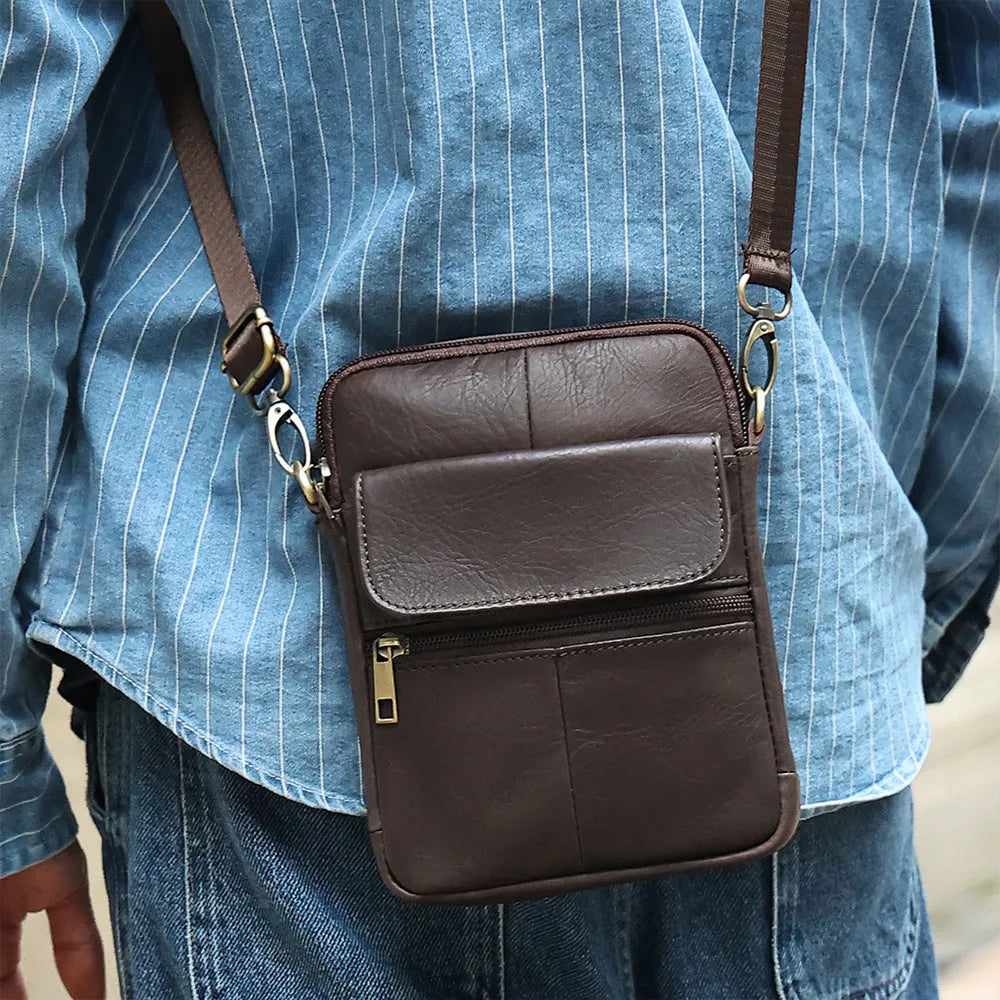 Men's genuine first layer cowhide crossbody shoulder bag in solid color with sewing line detail
