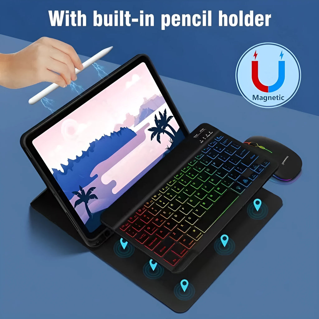 Colourful iPad protective case with luminous RGB backlit Bluetooth keyboard and mouse on a desk