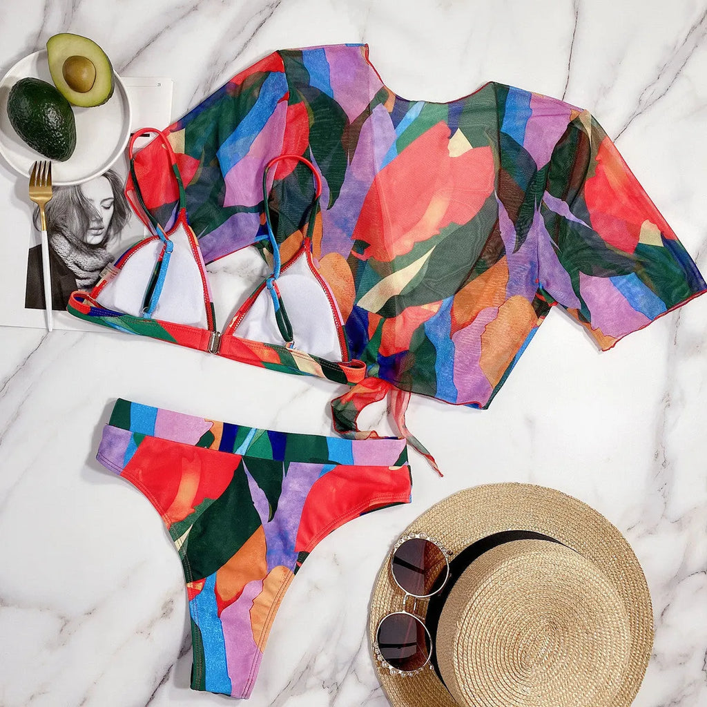 Red printed split swimsuit for women with triangle bikini design