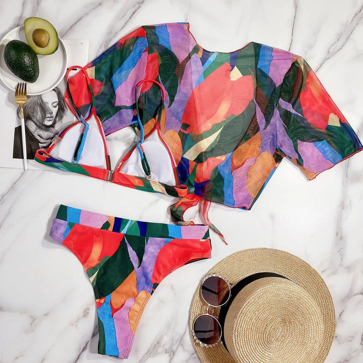 Red printed split swimsuit for women with triangle bikini design