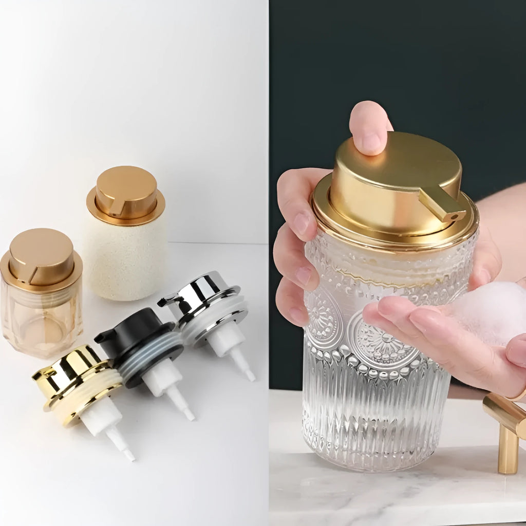 ABS plastic foam pump for facial cleanser in metallic gold finish with large foaming dispenser head.