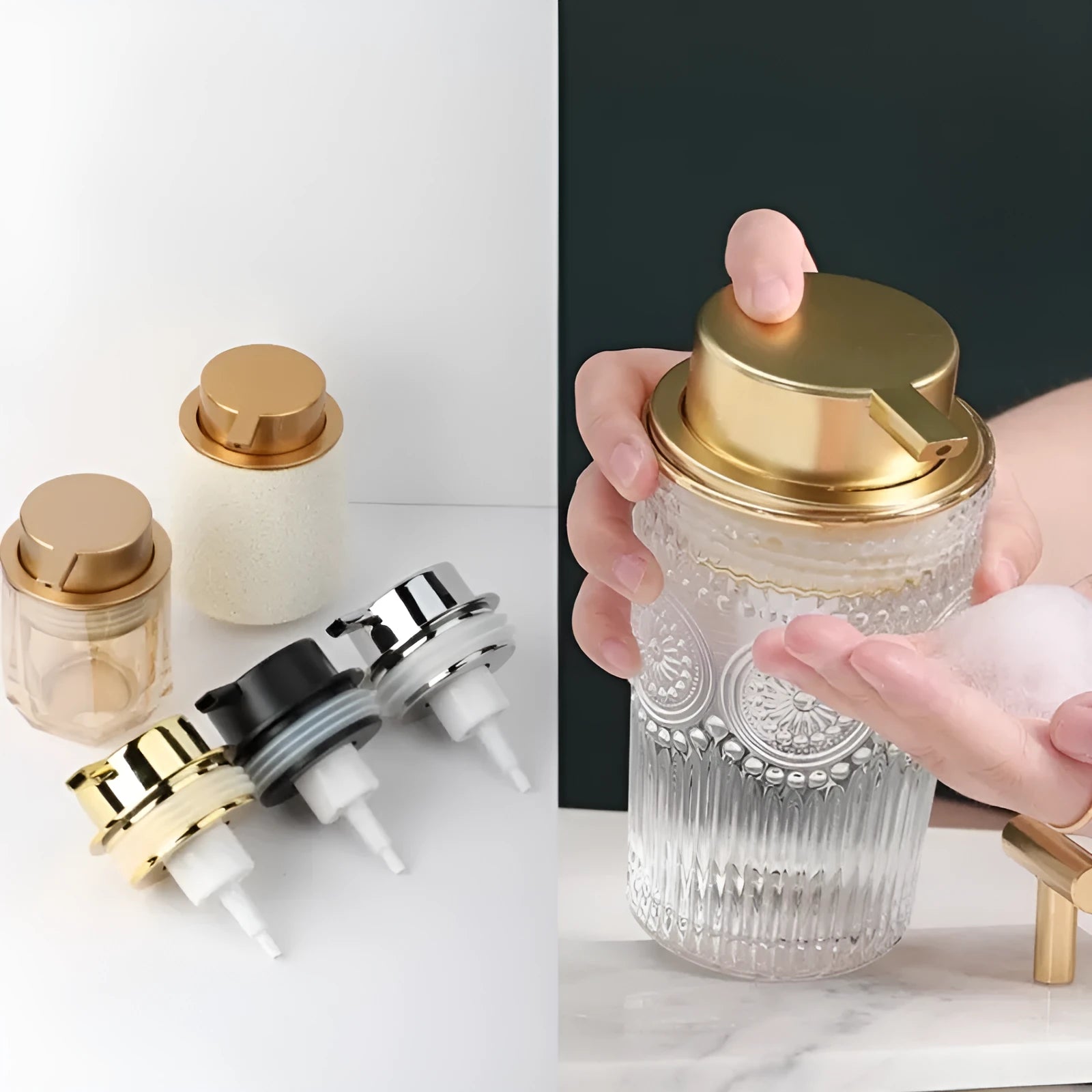 ABS plastic foam pump for facial cleanser in metallic gold finish with large foaming dispenser head.