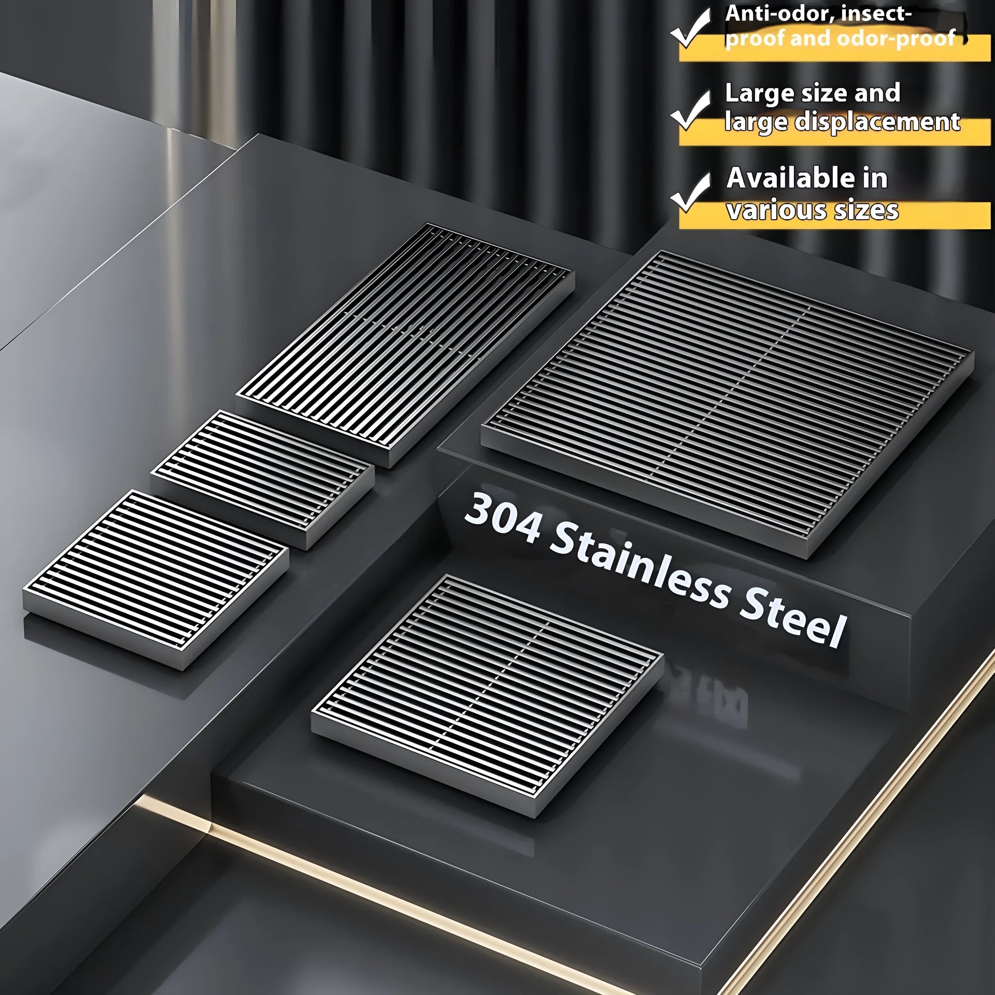 Gun grey 304 stainless steel courtyard floor drain with square grate and deodorising water seal.